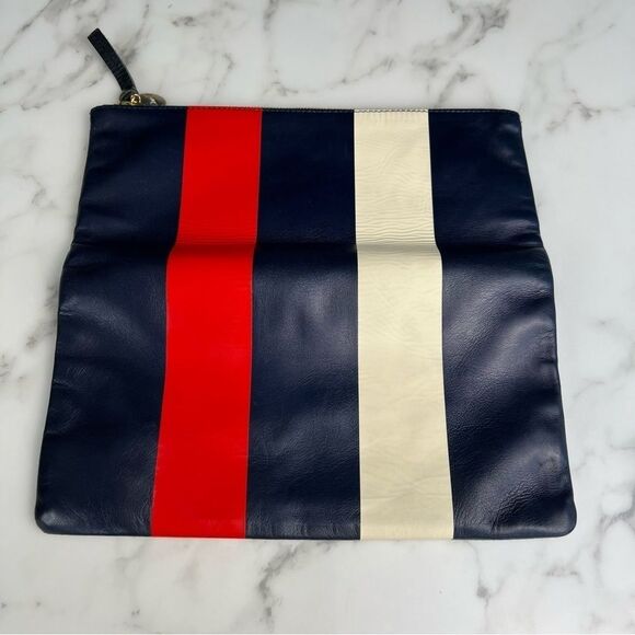 CLARE V. Super Flat Clutch Navy Red Cream Striped Leather Foldover Bag - Picture 6 of 9